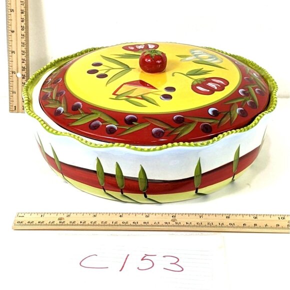 Temp-Tations Hand-Painted Ceramic Casserole Dish W/ Lid & Metal Holder 3 Qt C153 - Picture 2 of 10